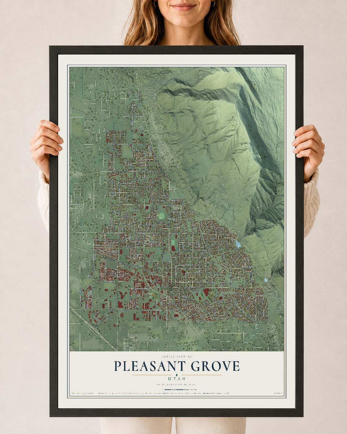 Map of Pleasant Grove, Utah, 24 x 36 inch print in a black wood frame