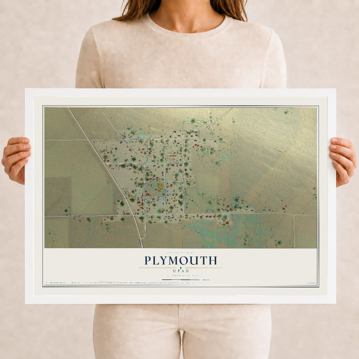 Map of Plymouth, Utah, 12 x 18 inch print in a white wood frame