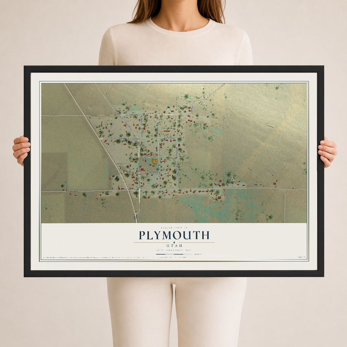 Map of Plymouth, Utah, 24 x 36 inch print in a black wood frame