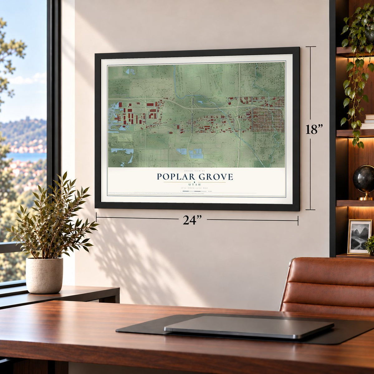 Poplar Grove, Utah map, 18 x 24 inch print in a black frame in a home office