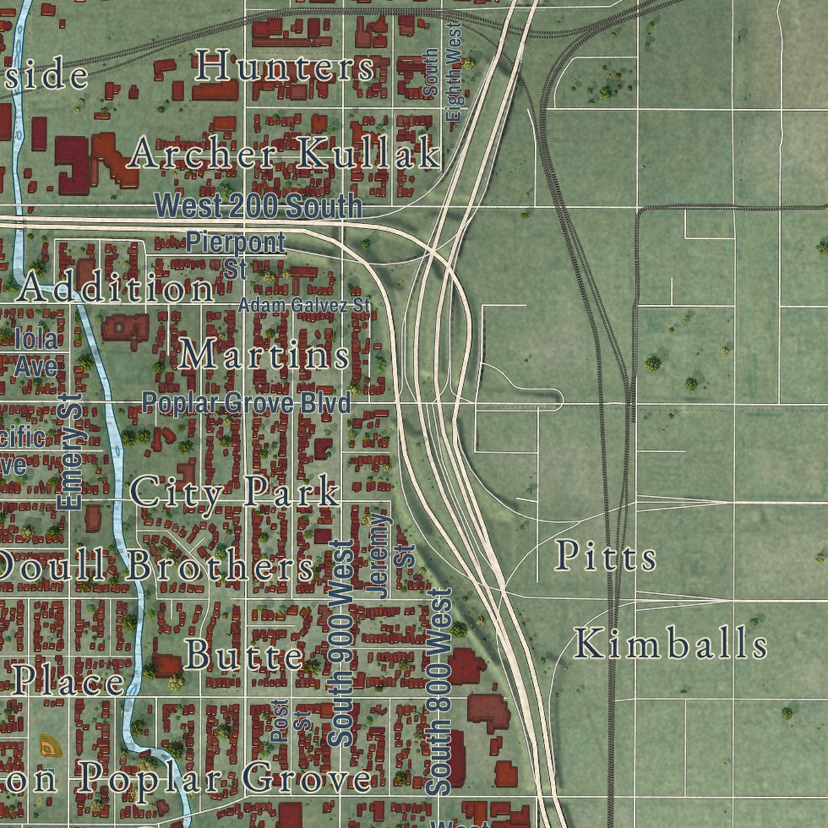 Close-up of the map of Poplar Grove, Utah print showing street and building detail