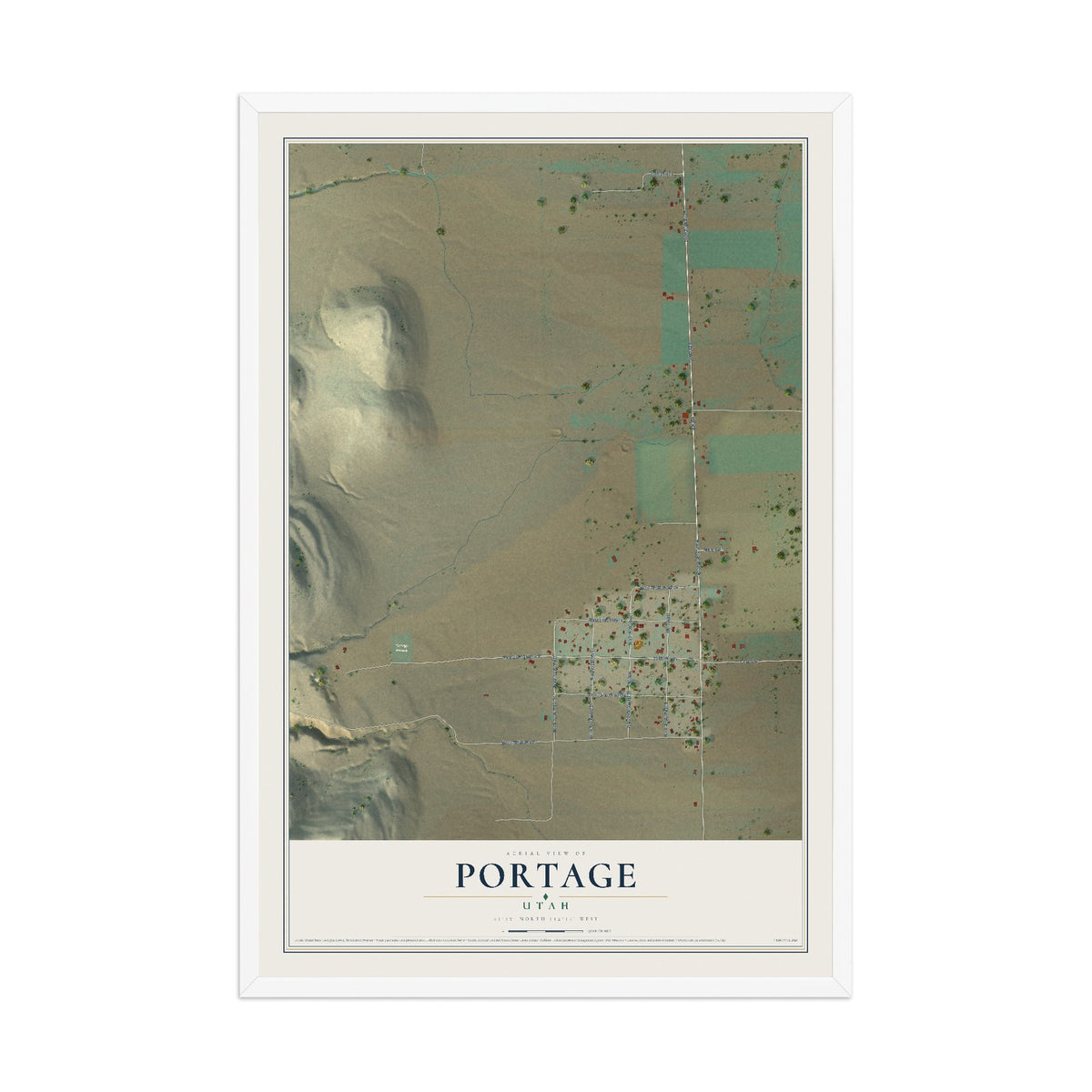 Map of Portage, Utah, 12 x 18 inch print in a white wood frame