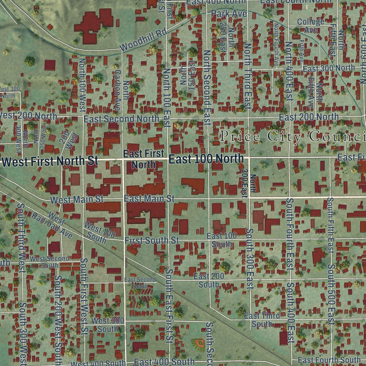Close-up of the map of Price, Utah print showing street and building detail