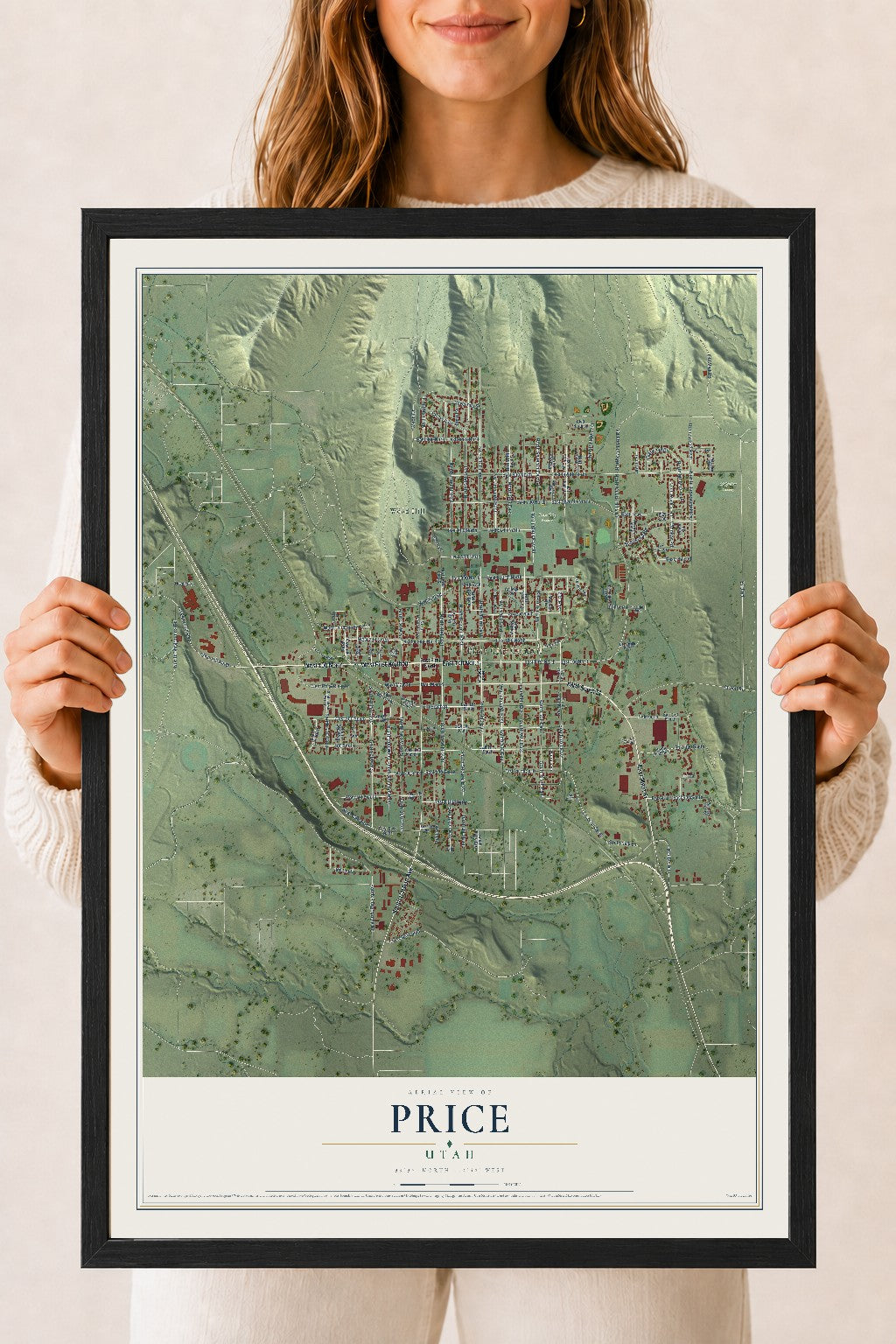 Map of Price, Utah, 18 x 24 inch print in a black wood frame