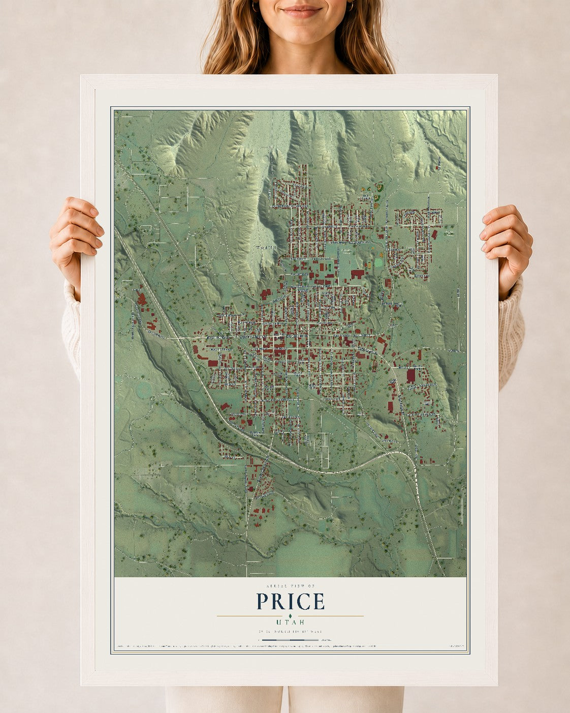 Map of Price, Utah, 24 x 36 inch print in a white wood frame