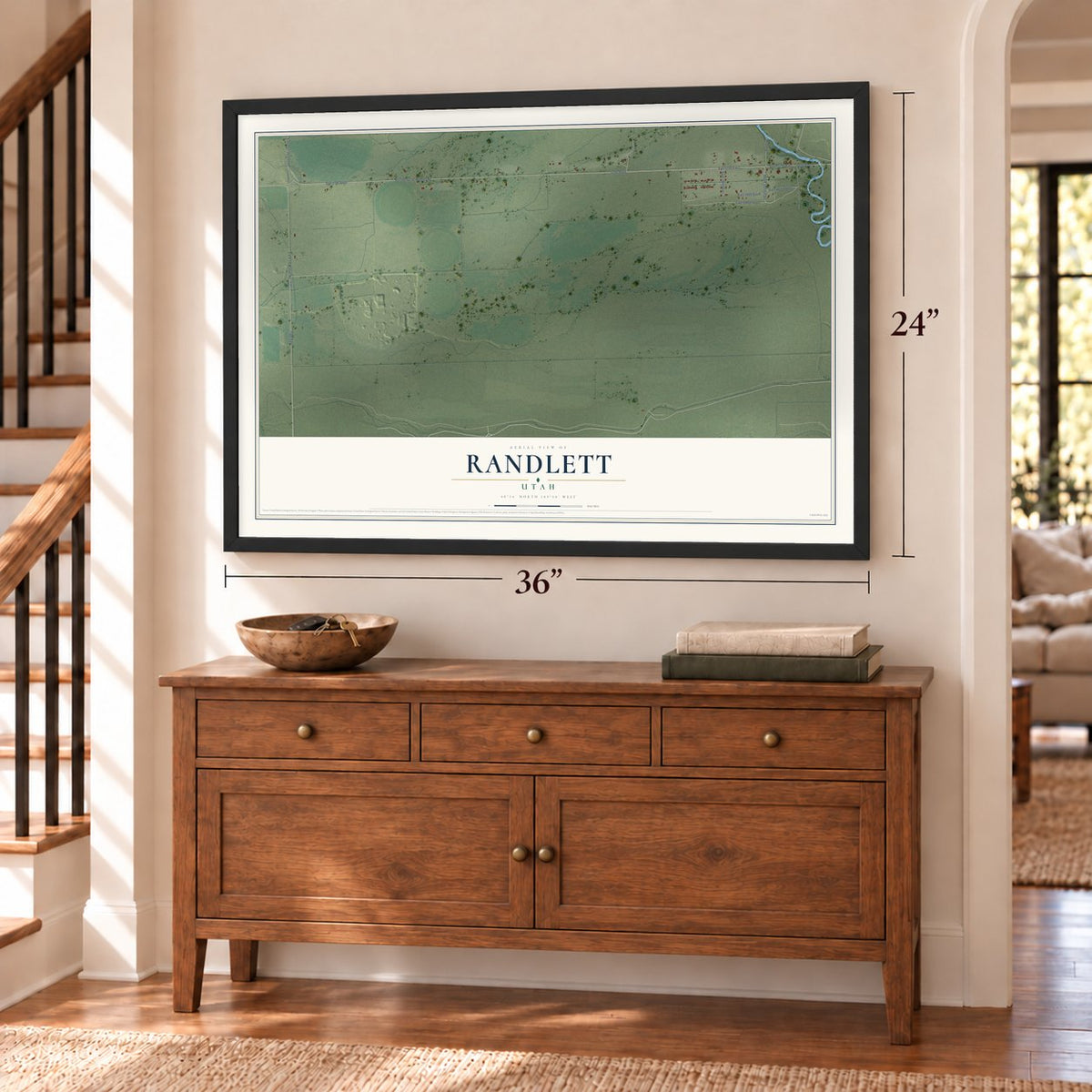 Randlett, Utah map, 24 x 36 inch print in a black frame above a dresser by a staircase