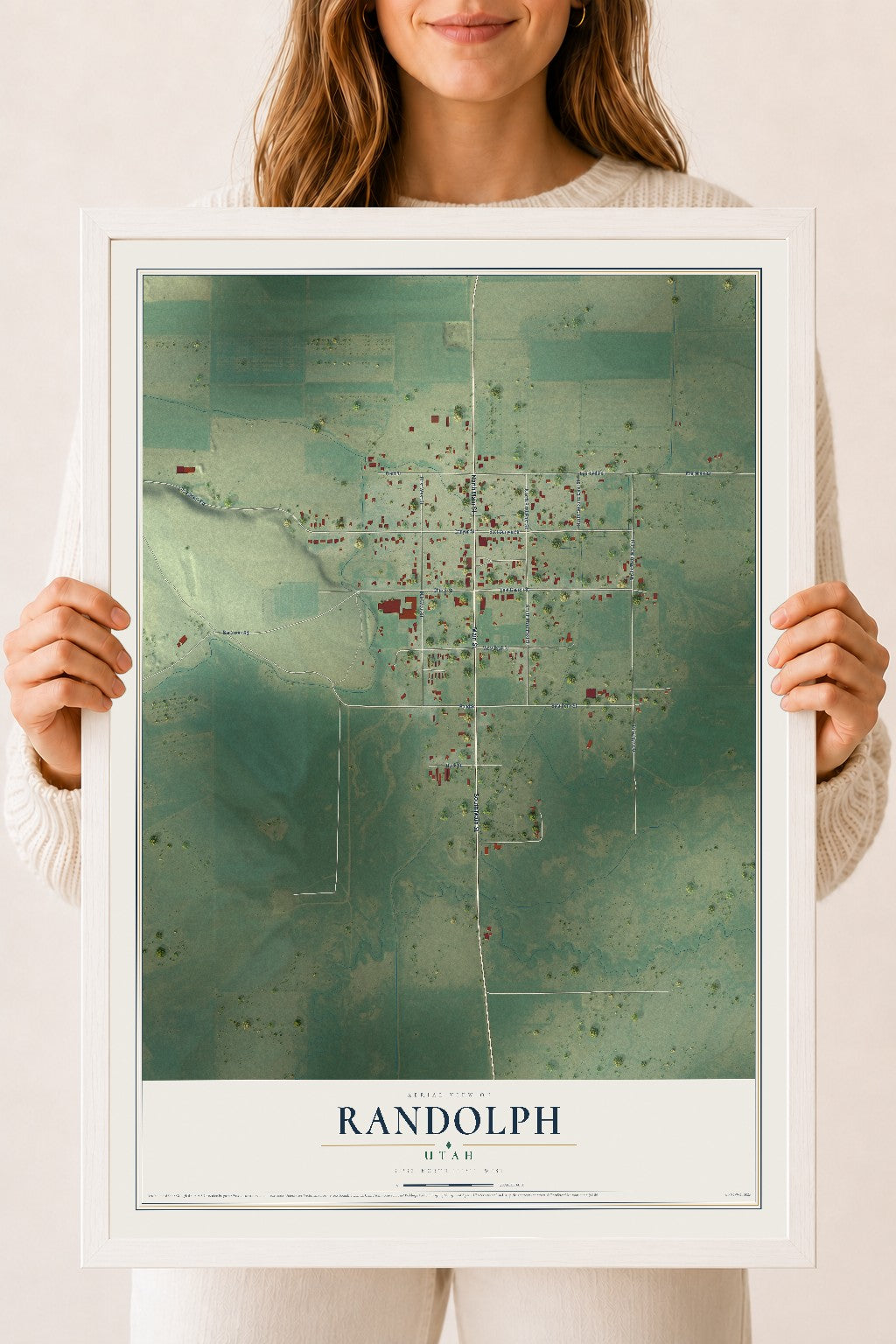 Map of Randolph, Utah, 18 x 24 inch print in a white wood frame