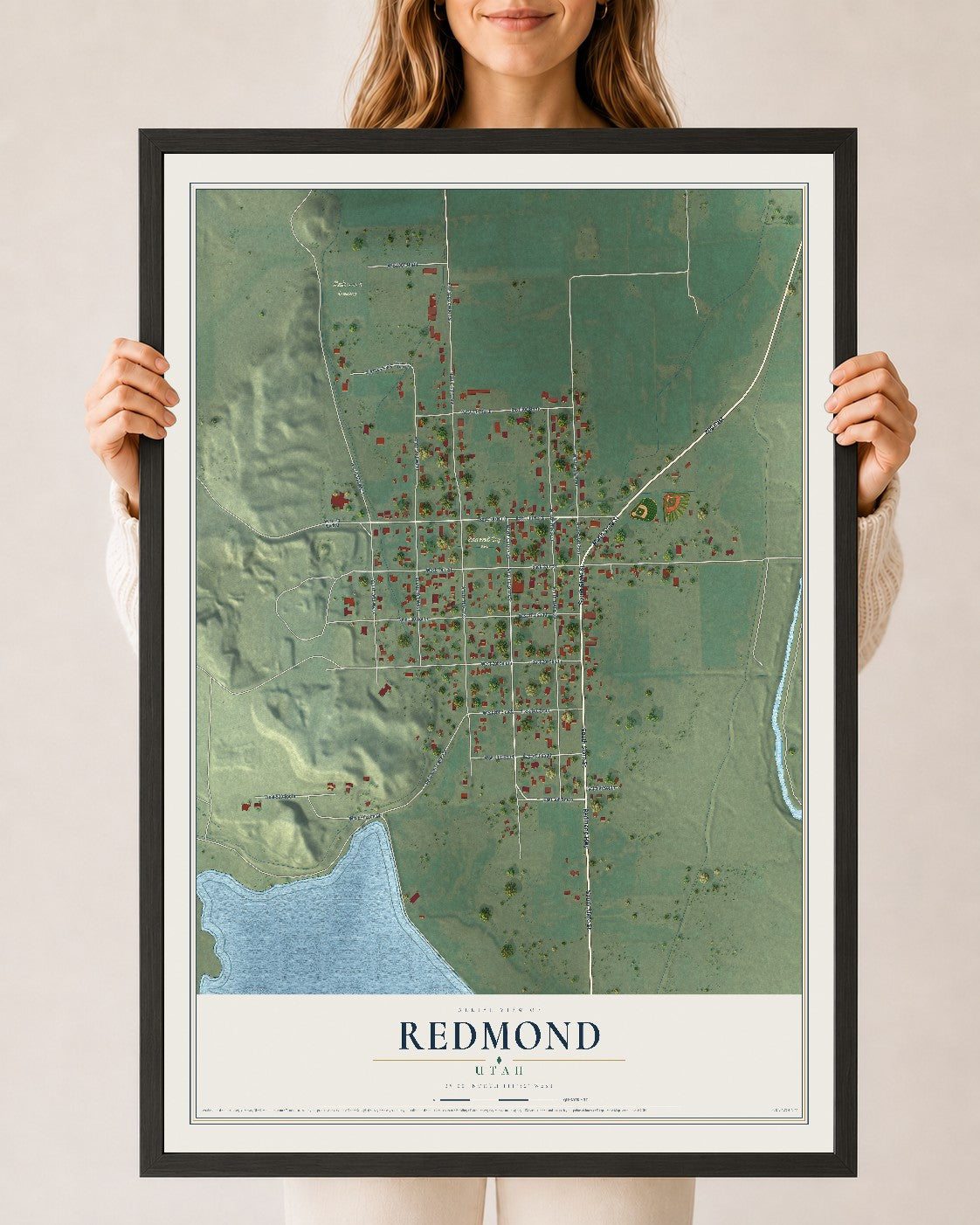 Map of Redmond, Utah, 24 x 36 inch print in a black wood frame
