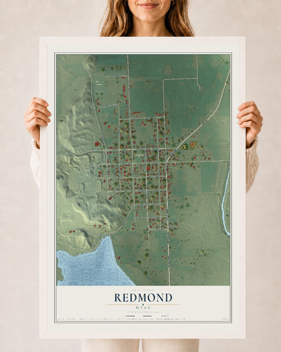 Map of Redmond, Utah, 24 x 36 inch print in a white wood frame