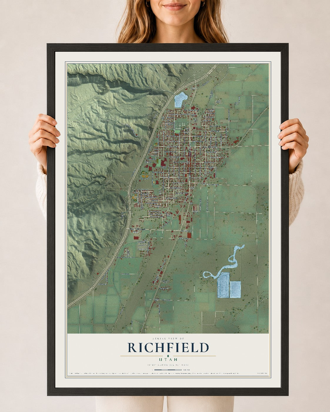 Map of Richfield, Utah, 24 x 36 inch print in a black wood frame