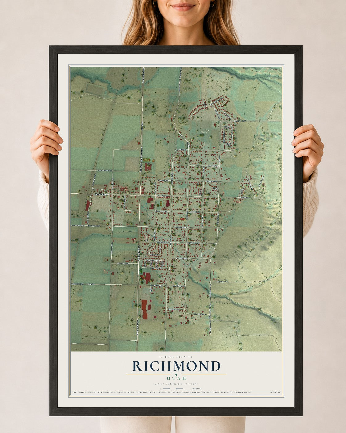 Map of Richmond, Utah, 24 x 36 inch print in a black wood frame