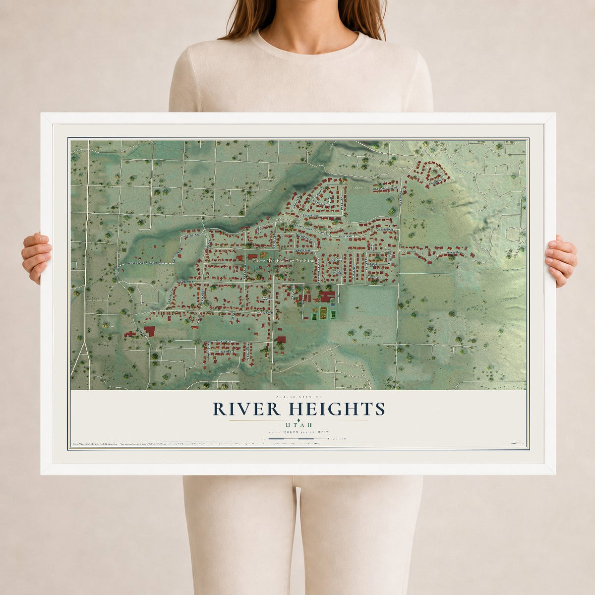 Map of River Heights, Utah, 24 x 36 inch print in a white wood frame