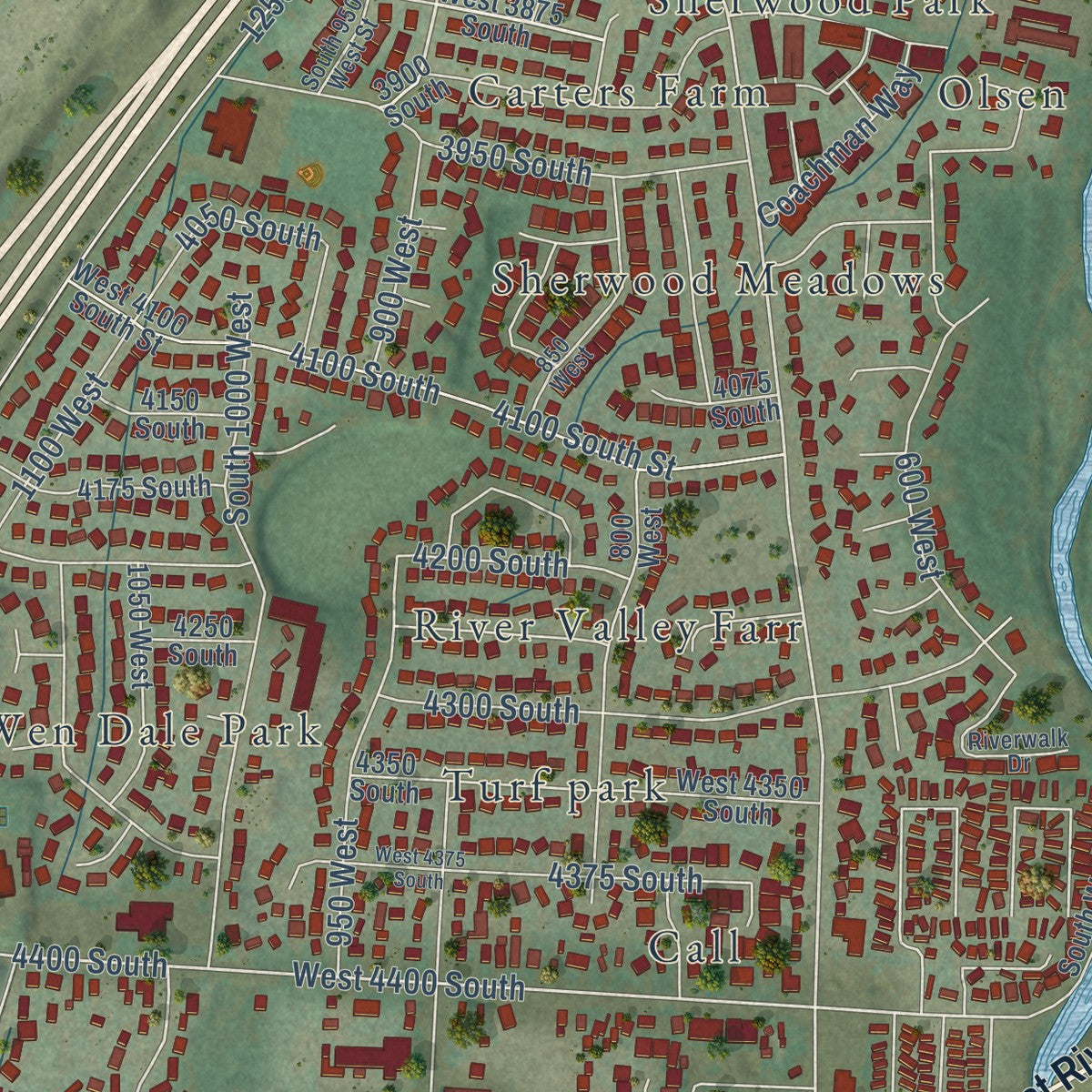 Close-up of the map of Riverdale, Utah print showing street and building detail