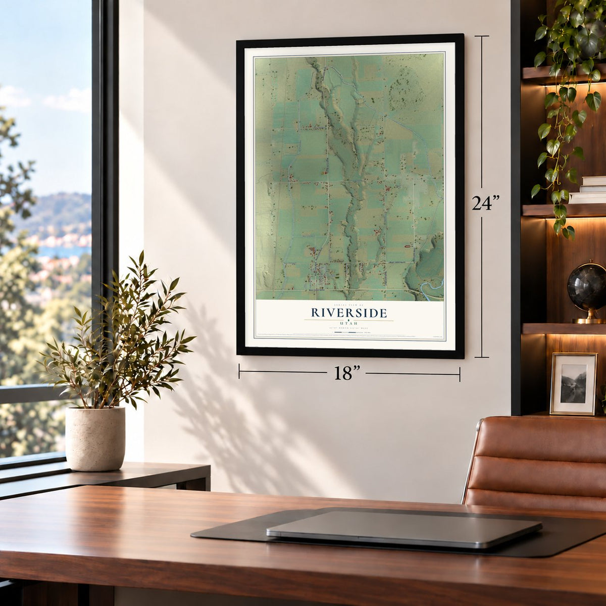 Riverside, Utah map, 18 x 24 inch print in a black frame in a home office