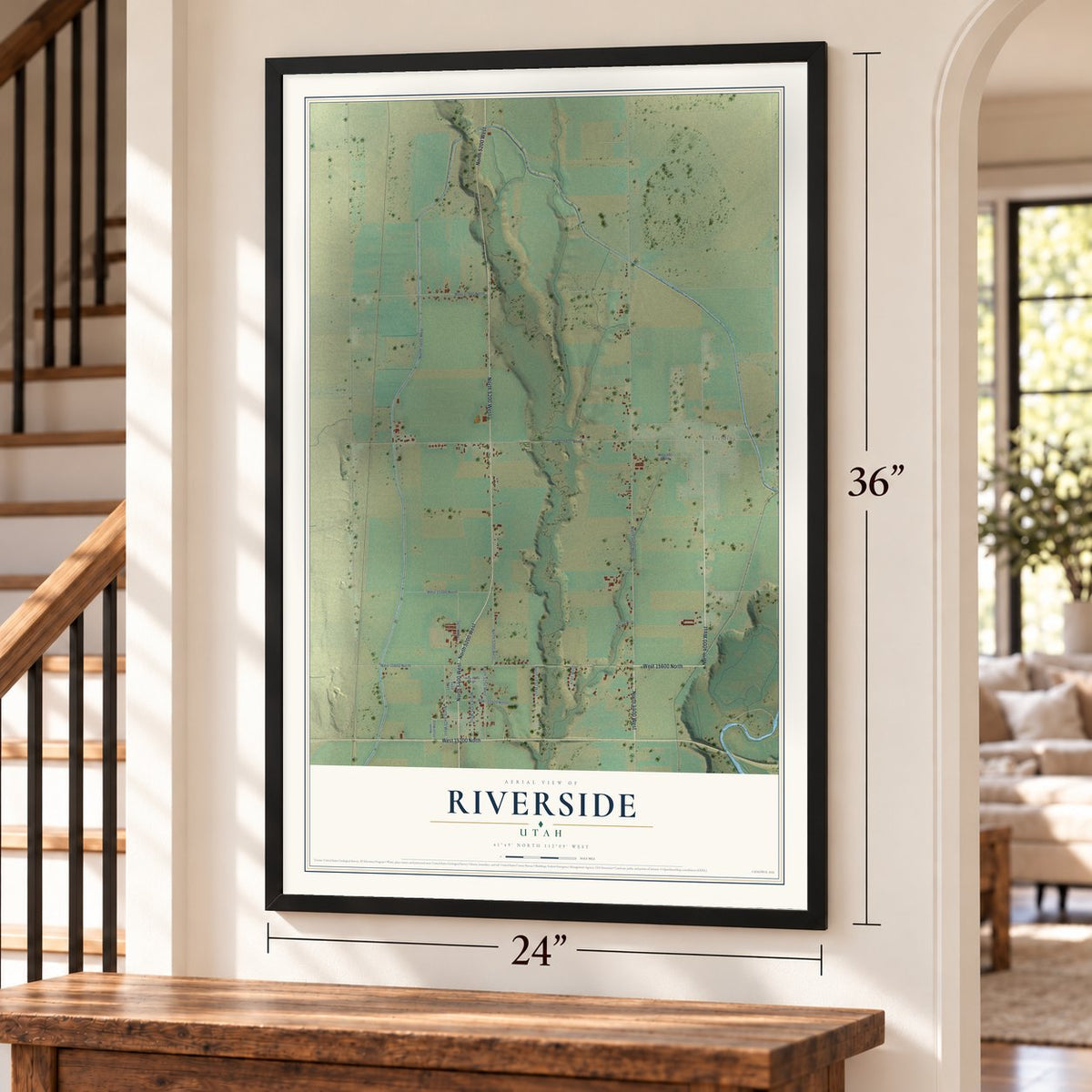 Riverside, Utah map, 24 x 36 inch print in a black frame by a staircase