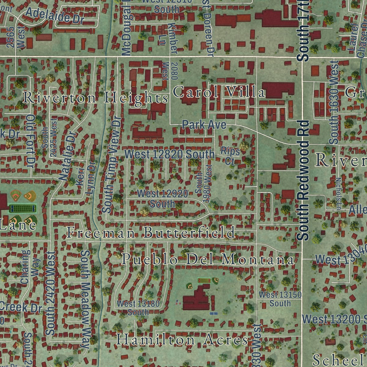 Close-up of the map of Riverton, Utah print showing street and building detail