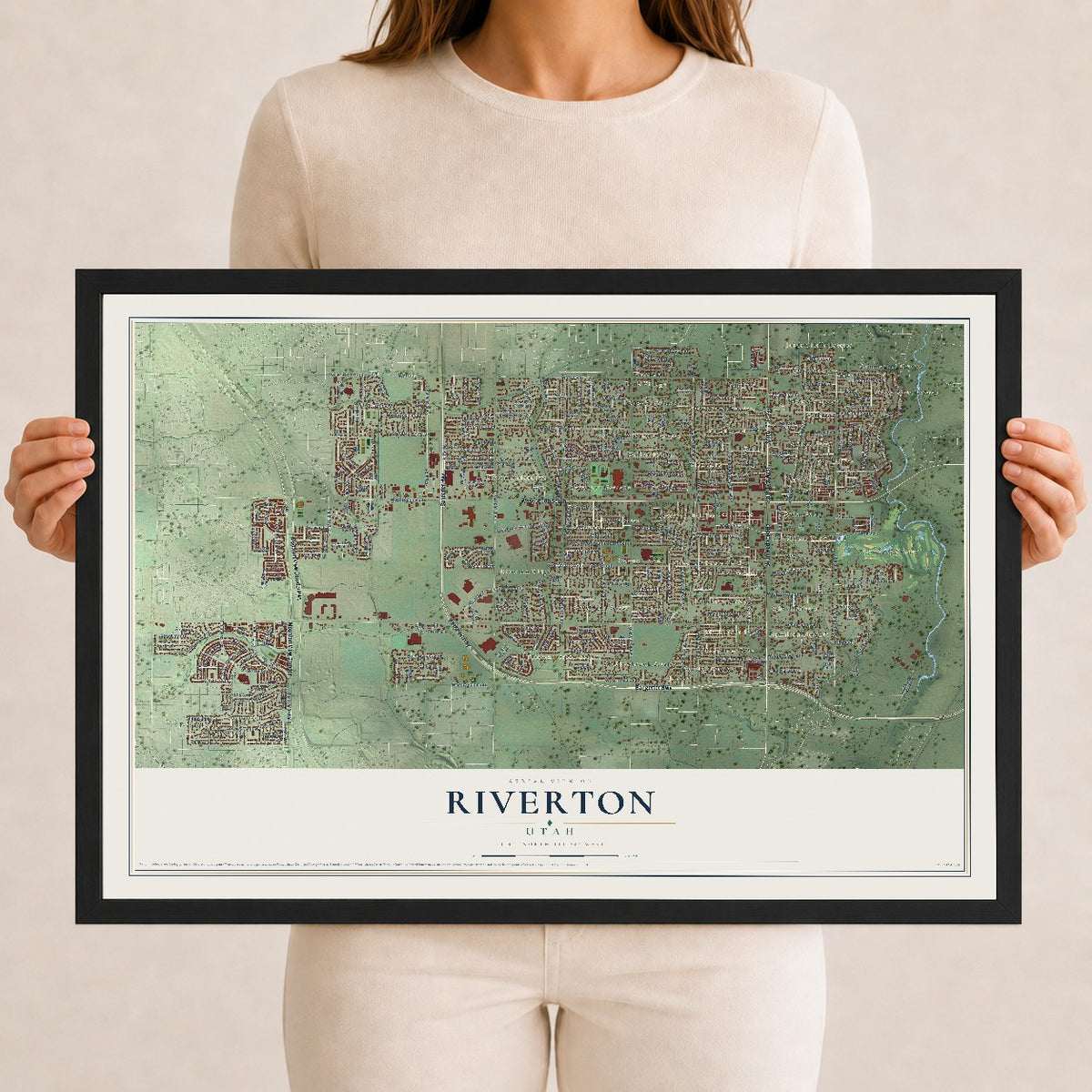 Map of Riverton, Utah, 12 x 18 inch print in a black wood frame