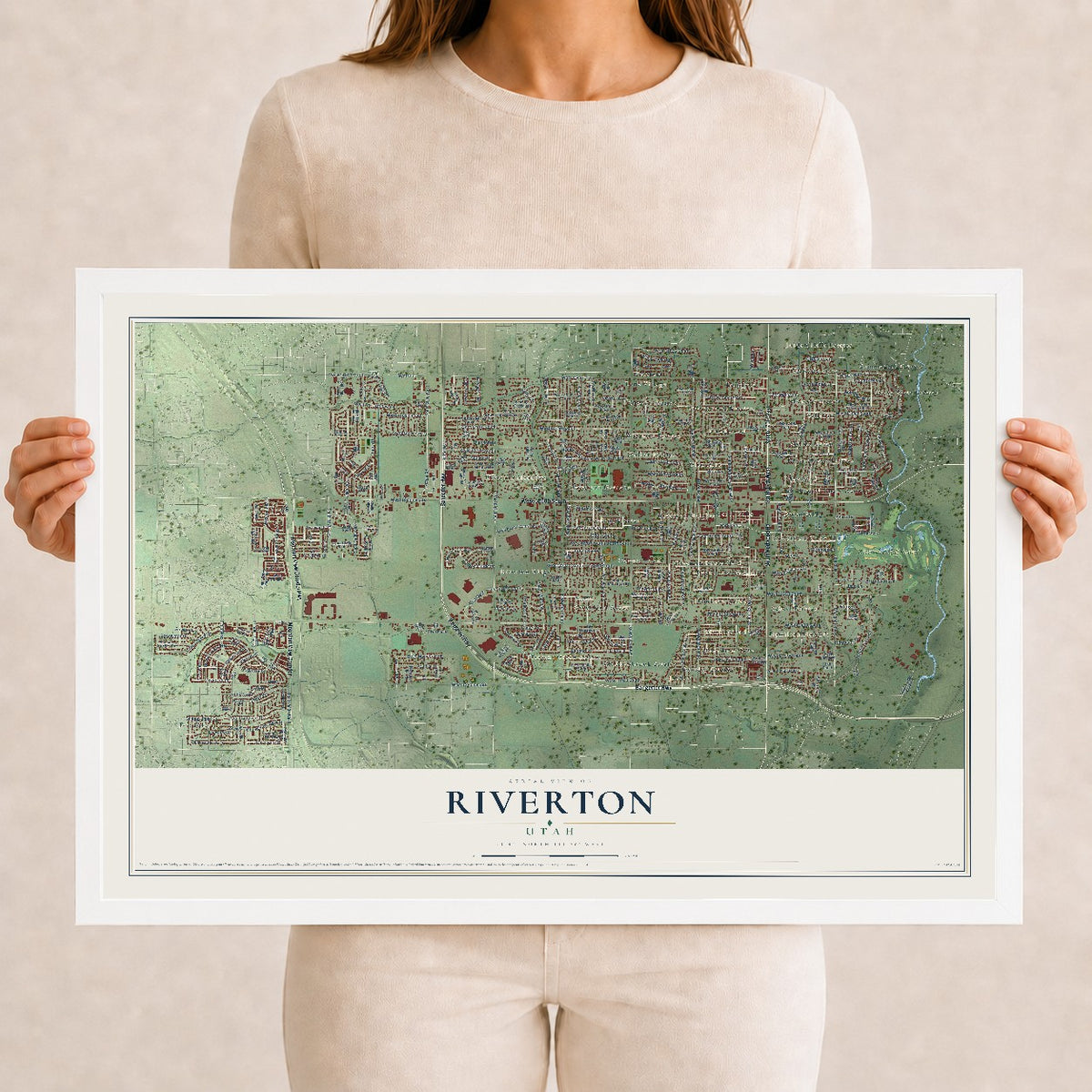 Map of Riverton, Utah, 12 x 18 inch print in a white wood frame