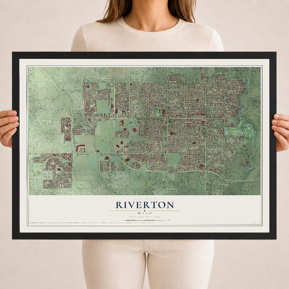 Map of Riverton, Utah, 18 x 24 inch print in a black wood frame