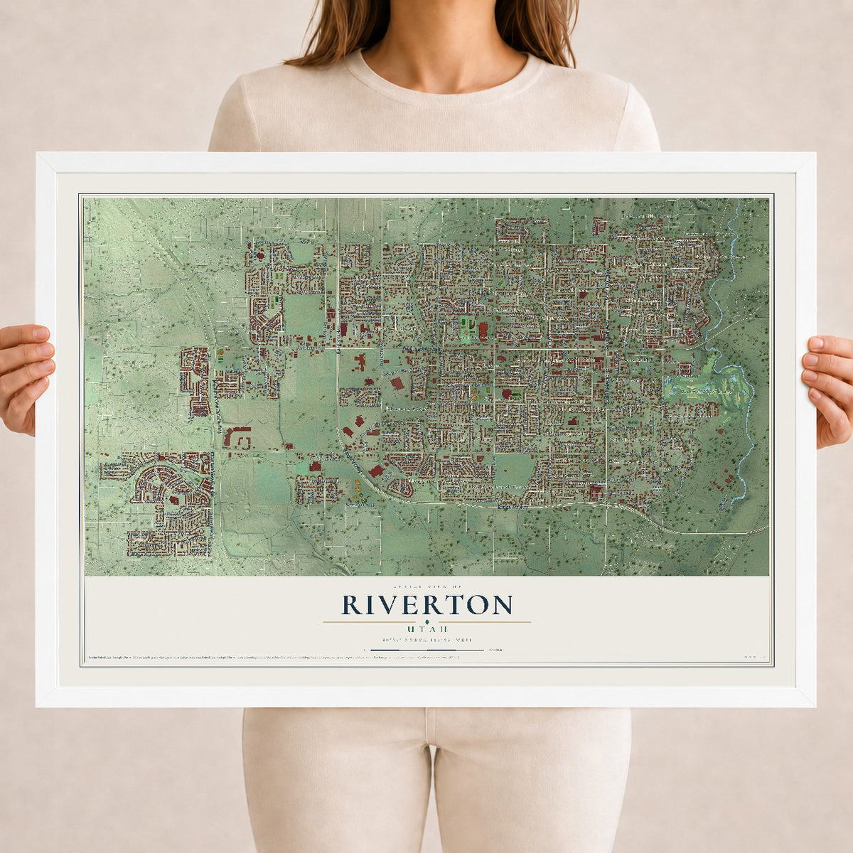 Map of Riverton, Utah, 18 x 24 inch print in a white wood frame