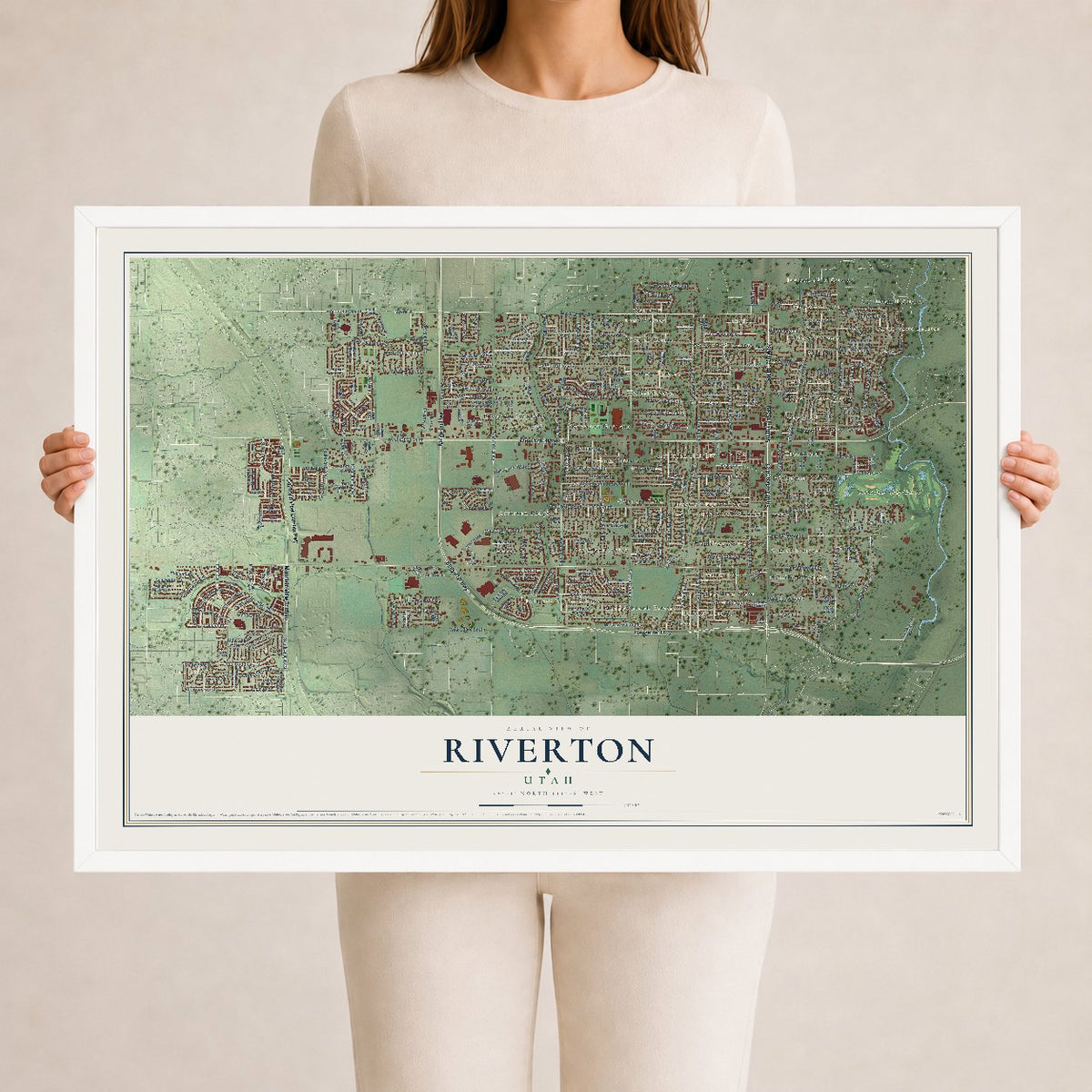 Map of Riverton, Utah, 24 x 36 inch print in a white wood frame