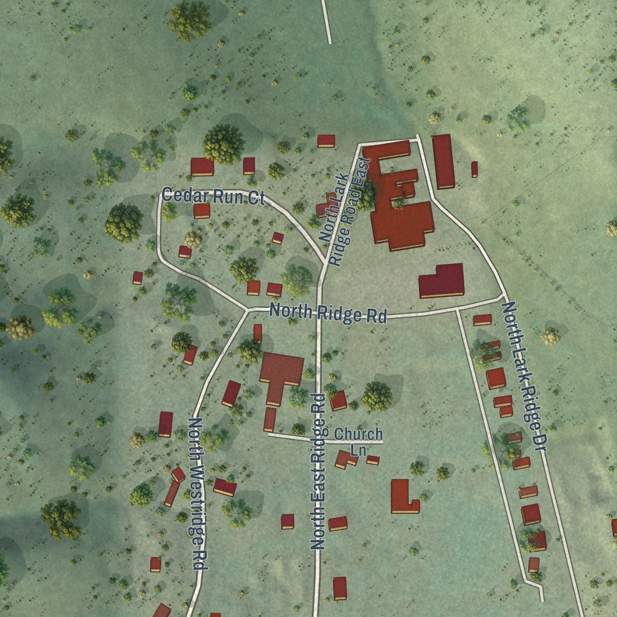 Close-up of the map of Rocky Ridge, Utah print showing street and building detail