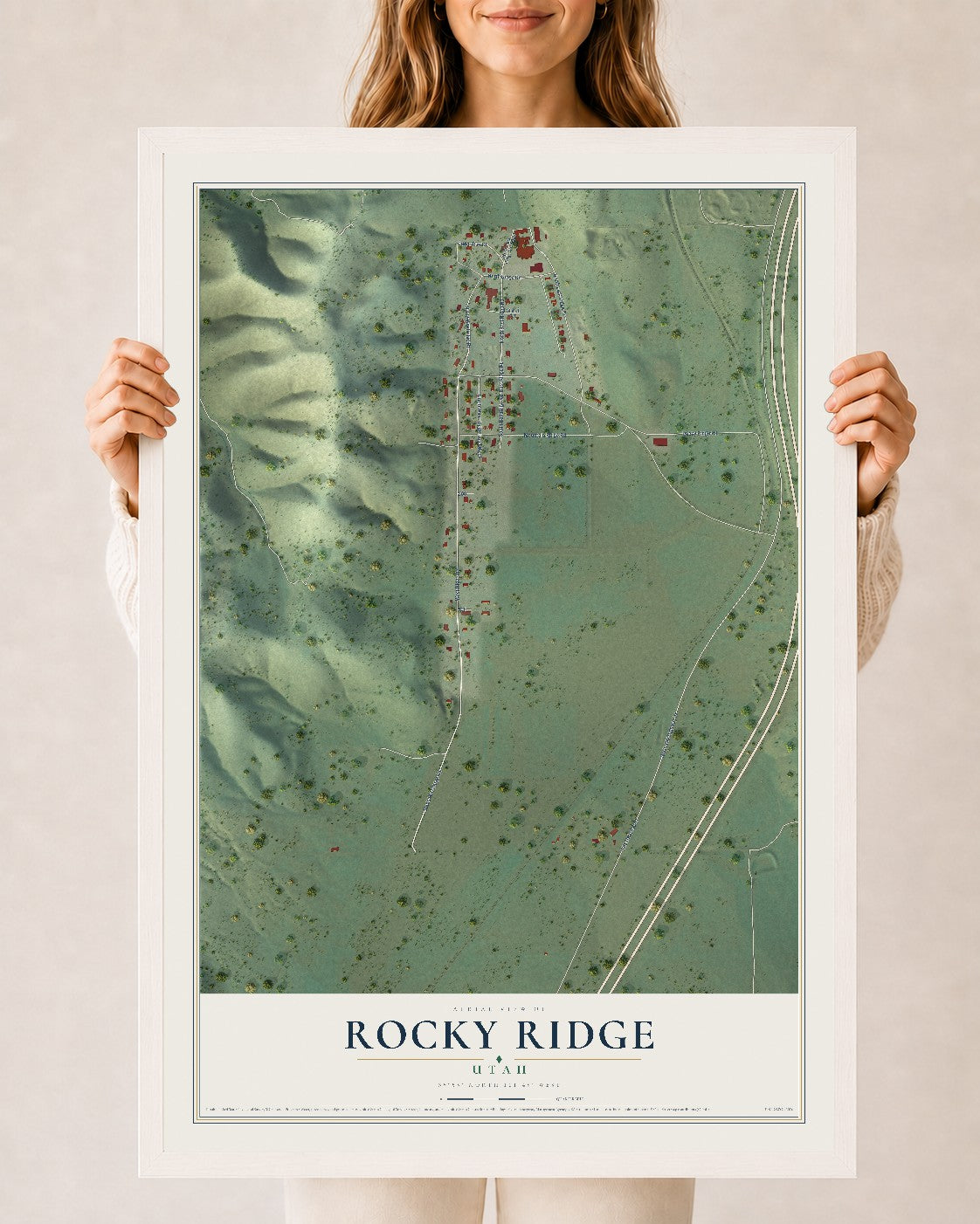 Map of Rocky Ridge, Utah, 24 x 36 inch print in a white wood frame