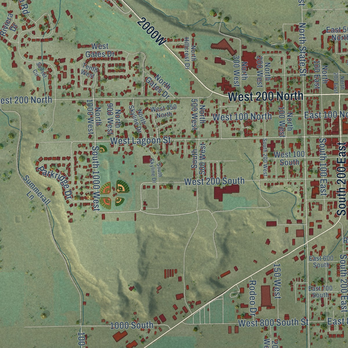 Close-up of the map of Roosevelt, Utah print showing street and building detail