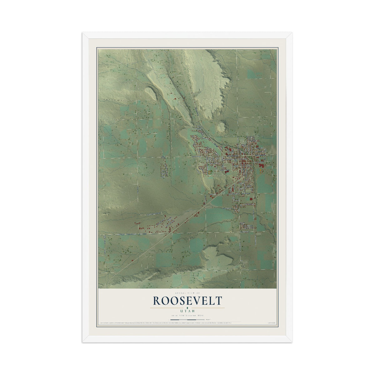 Map of Roosevelt, Utah, 12 x 18 inch print in a white wood frame