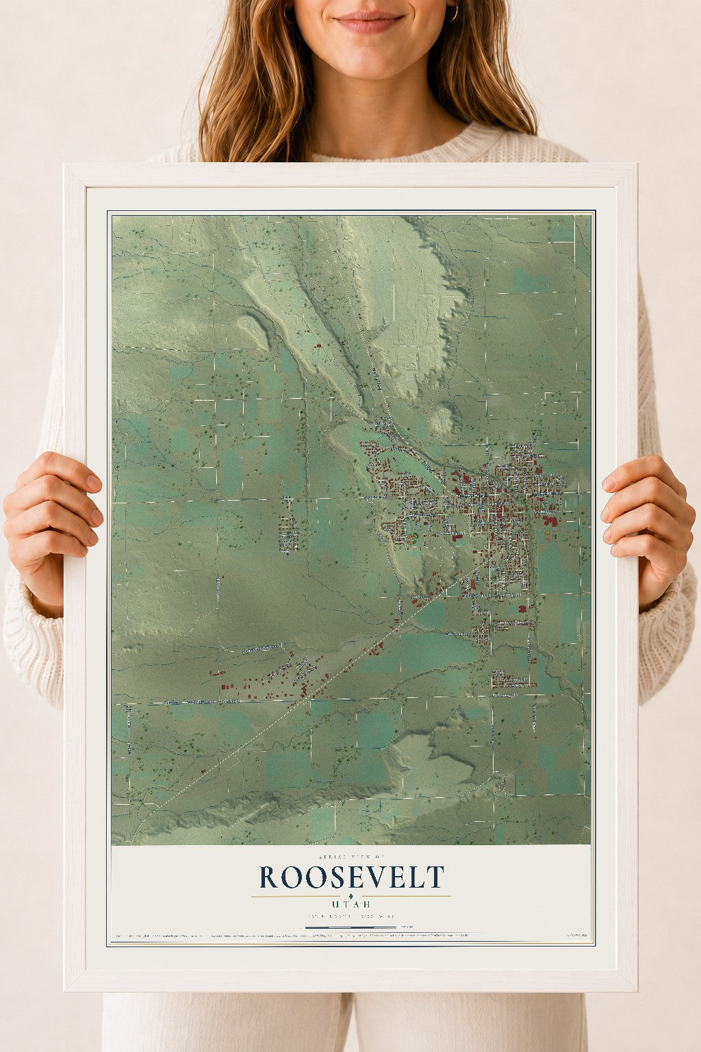 Map of Roosevelt, Utah, 18 x 24 inch print in a white wood frame