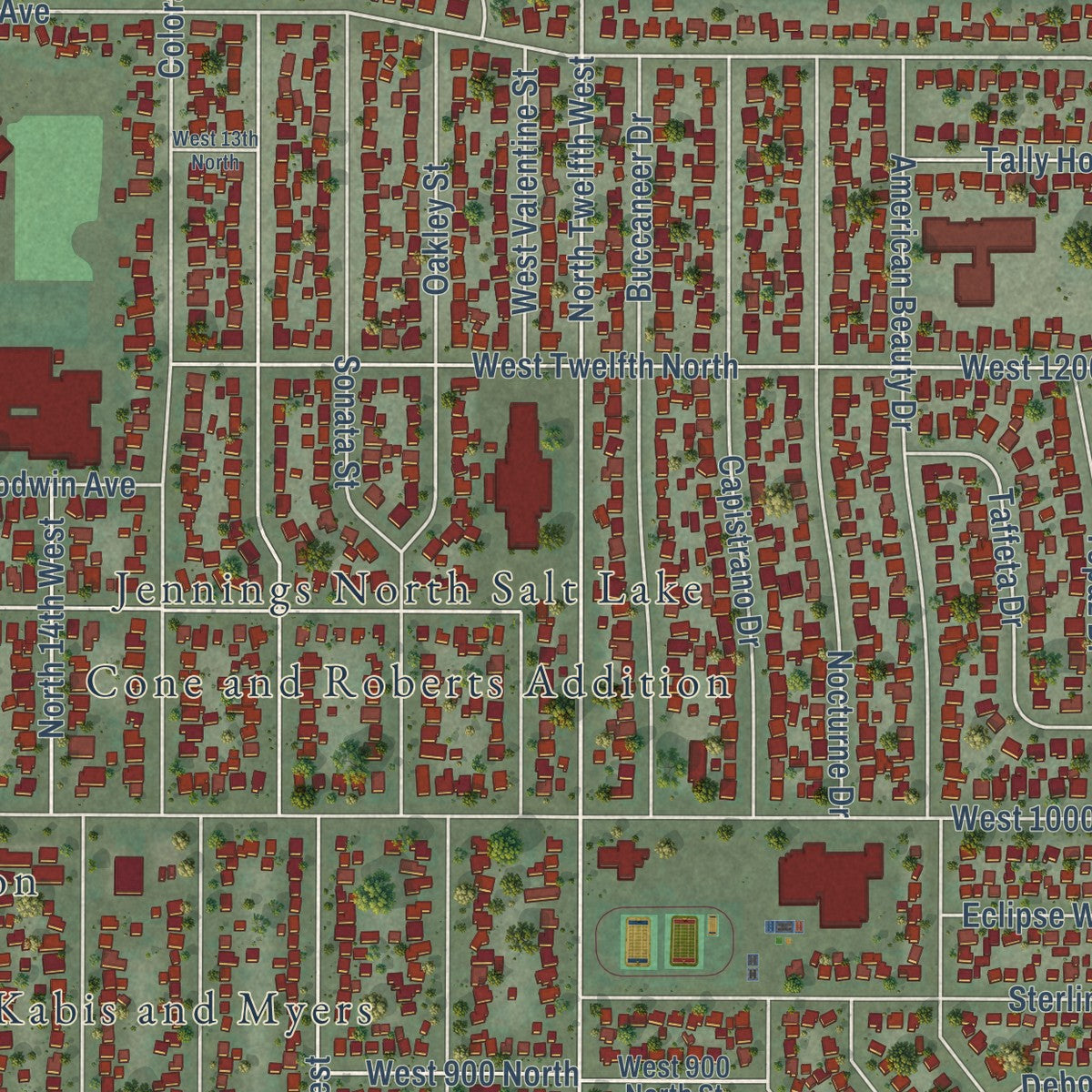 Close-up of the map of Rose Park, Utah print showing street and building detail