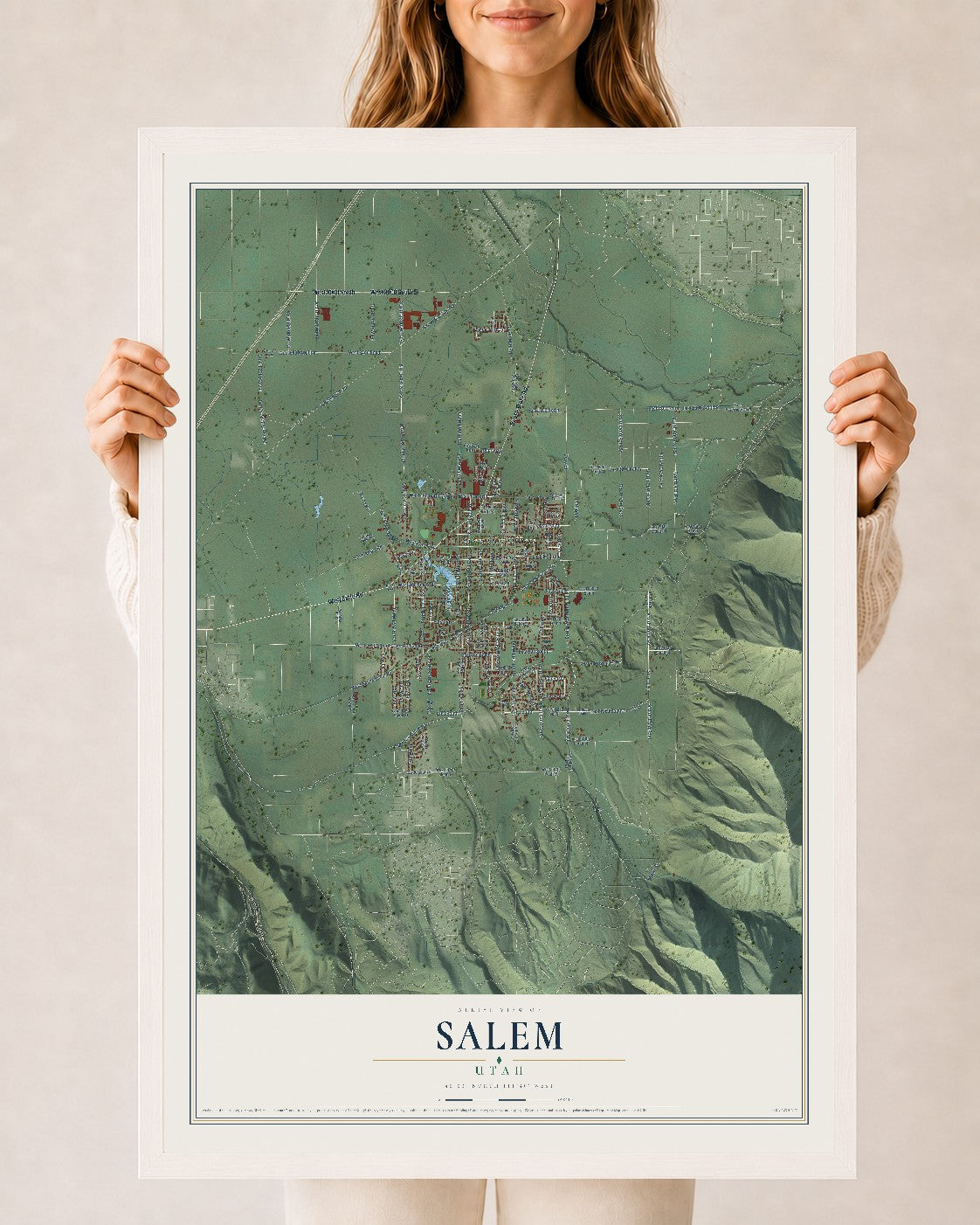 Map of Salem, Utah, 24 x 36 inch print in a white wood frame