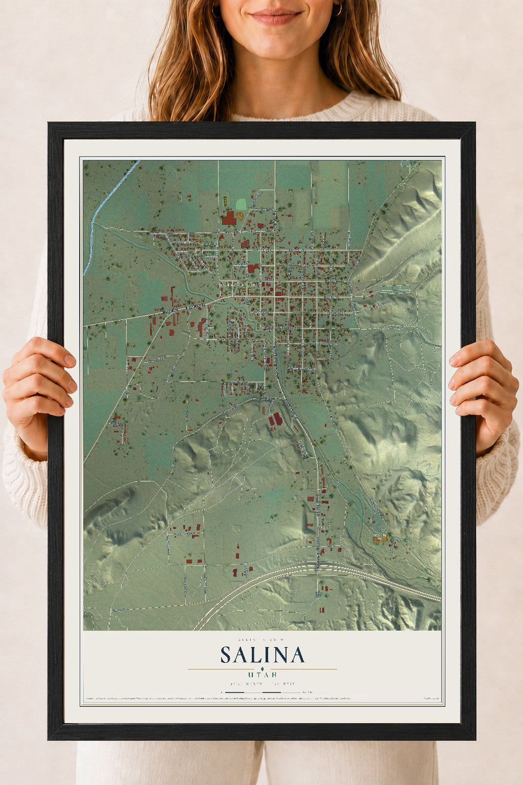 Map of Salina, Utah, 18 x 24 inch print in a black wood frame