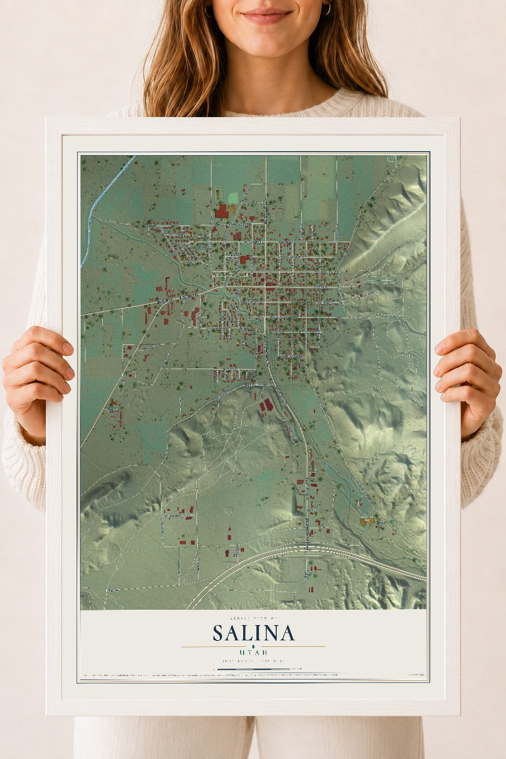 Map of Salina, Utah, 18 x 24 inch print in a white wood frame