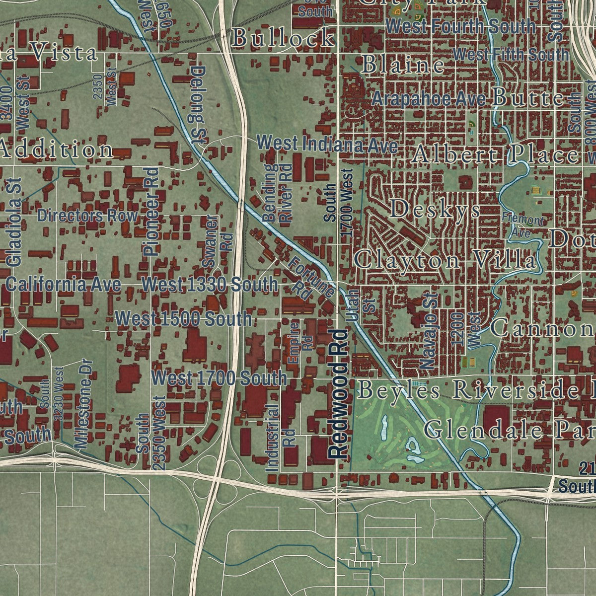 Second close-up of the map of Salt Lake City, Utah print showing more streets and buildings