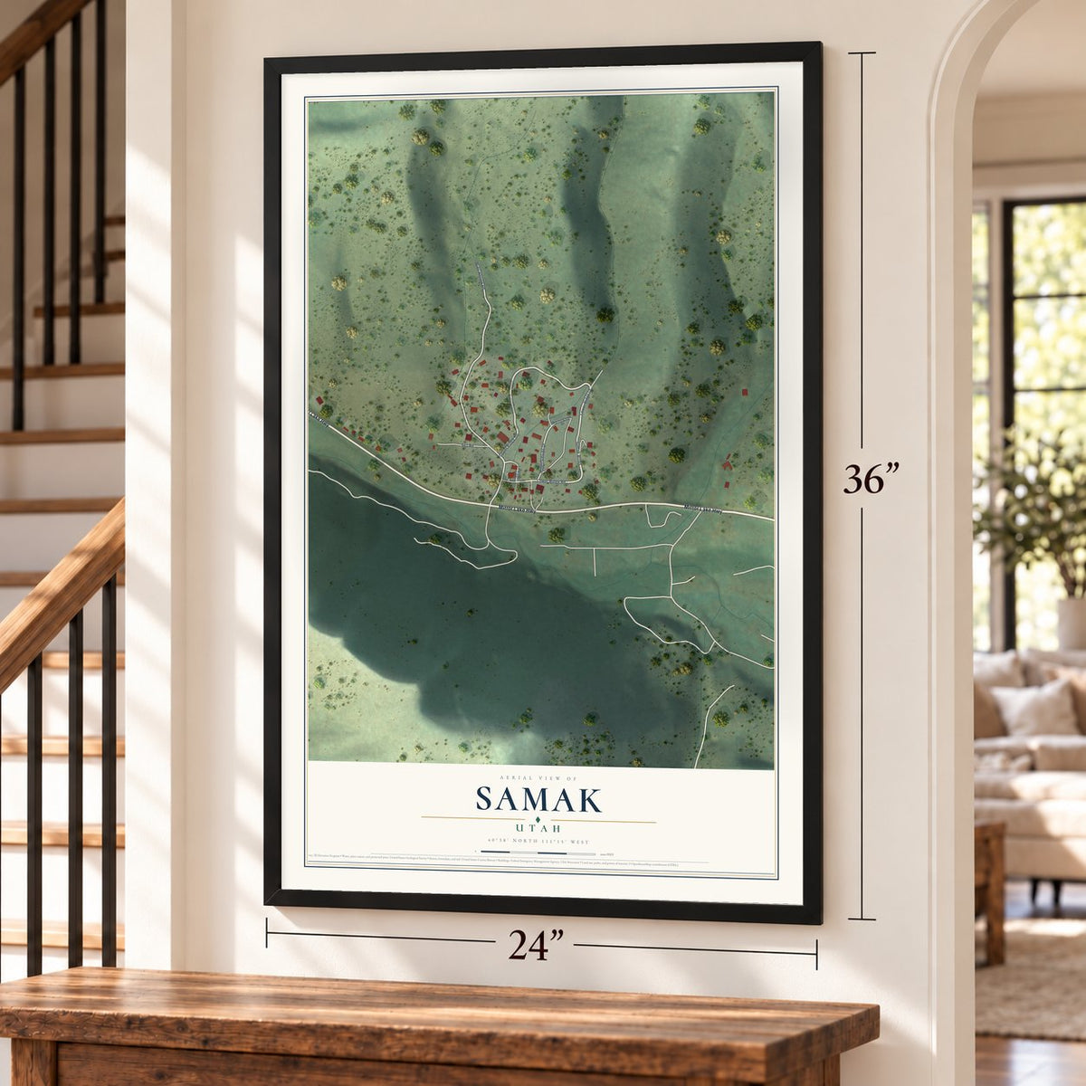 Samak, Utah map, 24 x 36 inch print in a black frame by a staircase