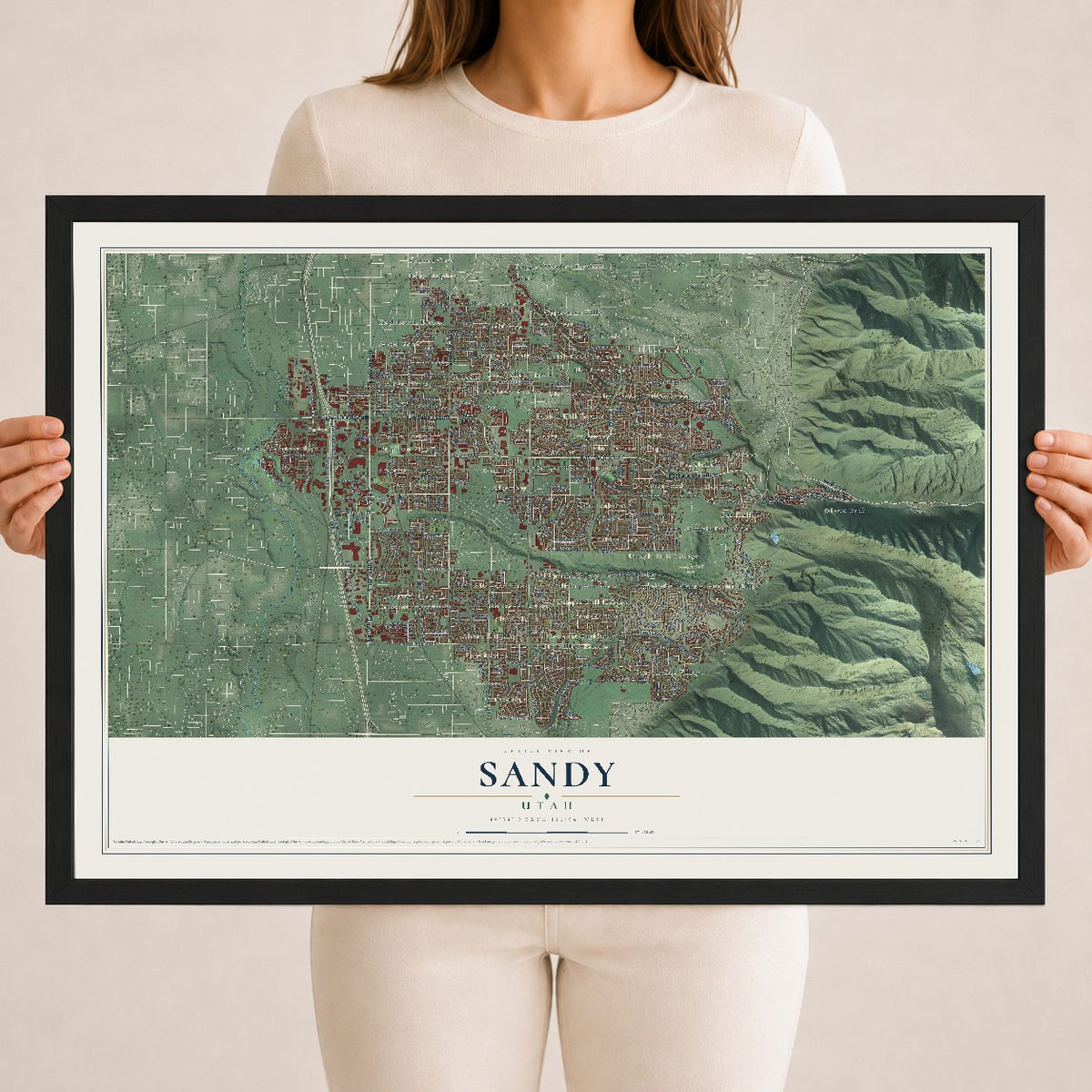 Map of Sandy, Utah, 18 x 24 inch print in a black wood frame