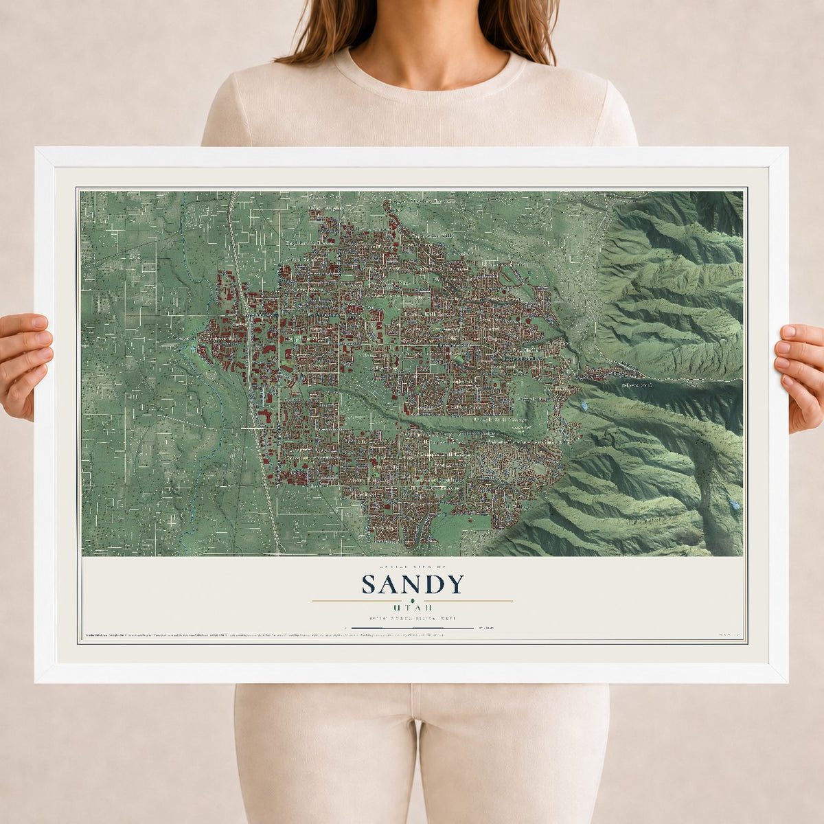 Map of Sandy, Utah, 18 x 24 inch print in a white wood frame