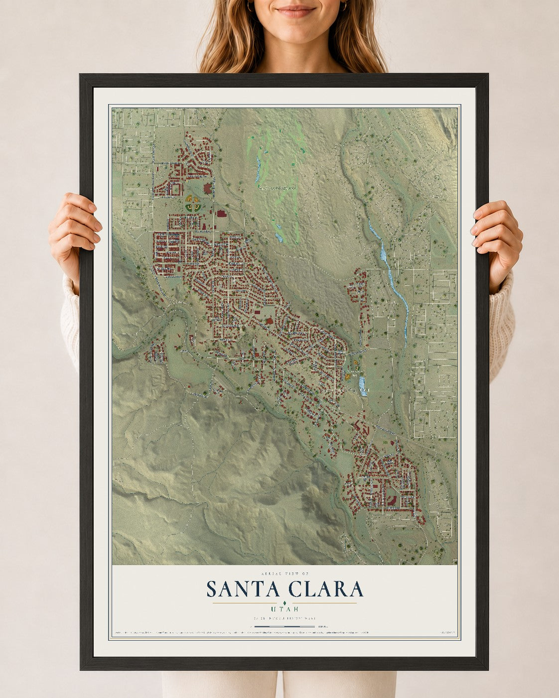 Map of Santa Clara, Utah, 24 x 36 inch print in a black wood frame