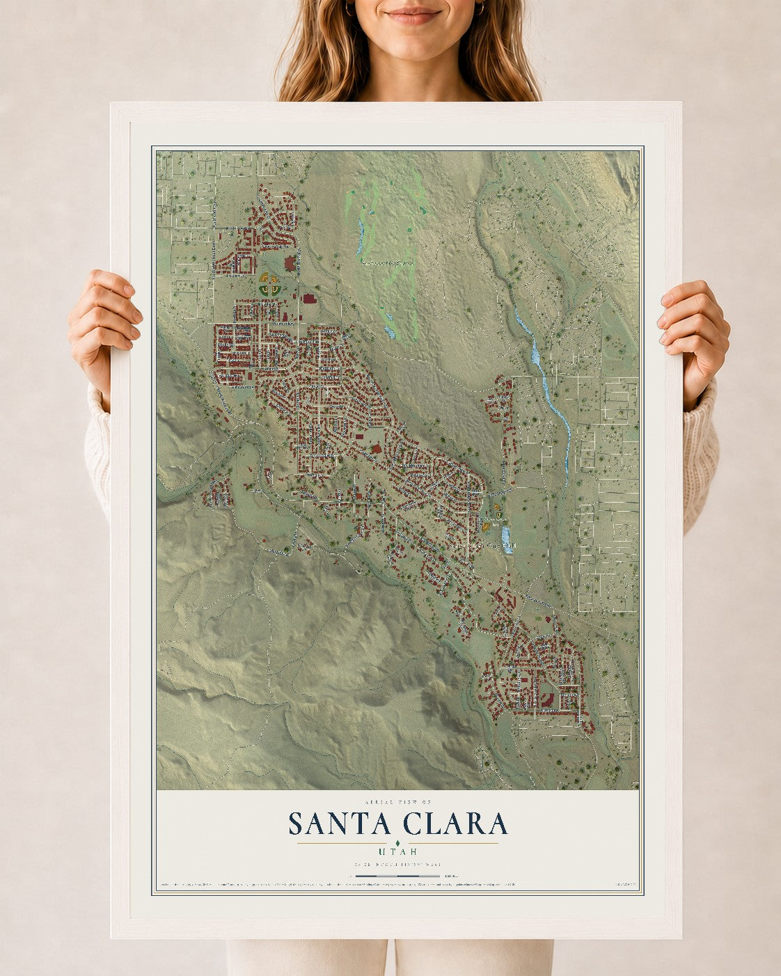 Map of Santa Clara, Utah, 24 x 36 inch print in a white wood frame