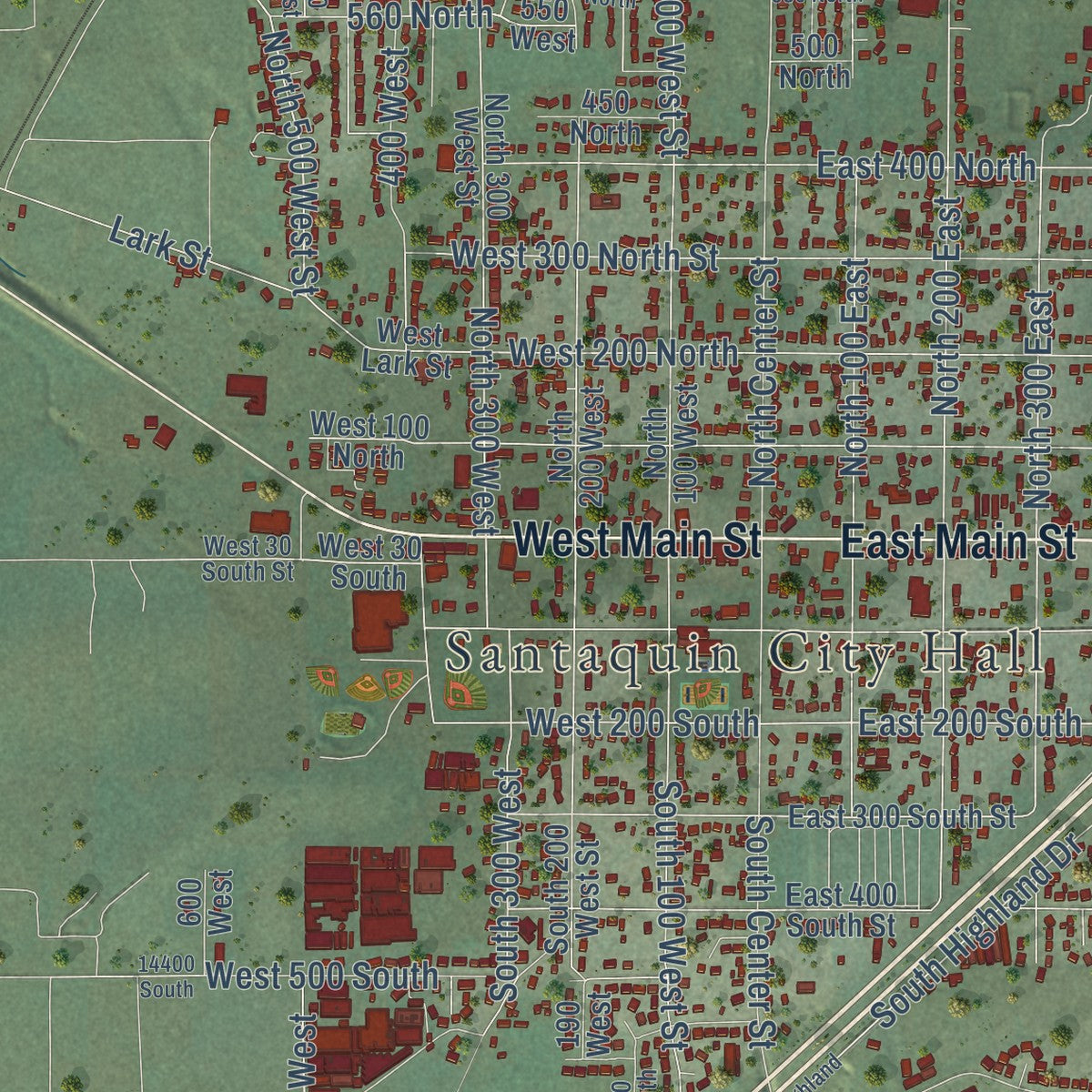 Close-up of the map of Santaquin, Utah print showing street and building detail