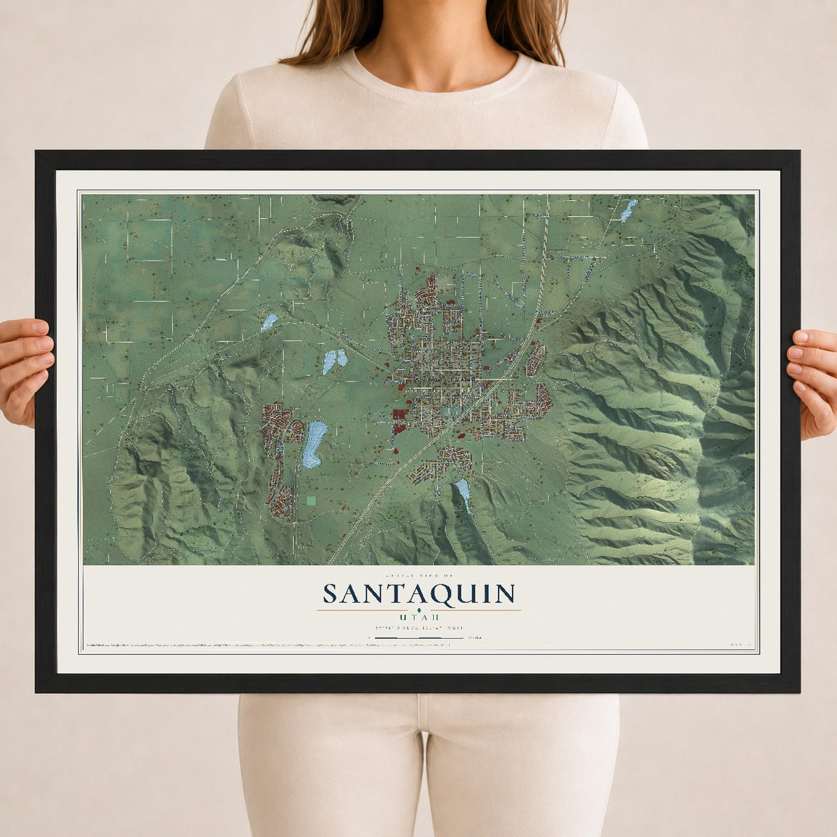 Map of Santaquin, Utah, 18 x 24 inch print in a black wood frame