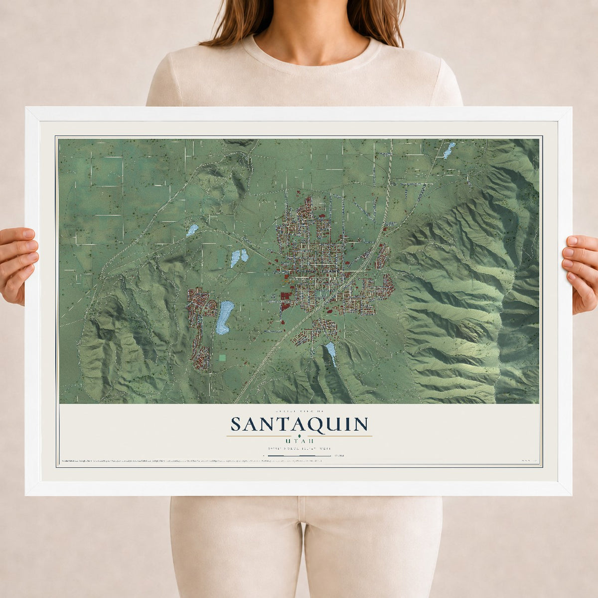 Map of Santaquin, Utah, 18 x 24 inch print in a white wood frame