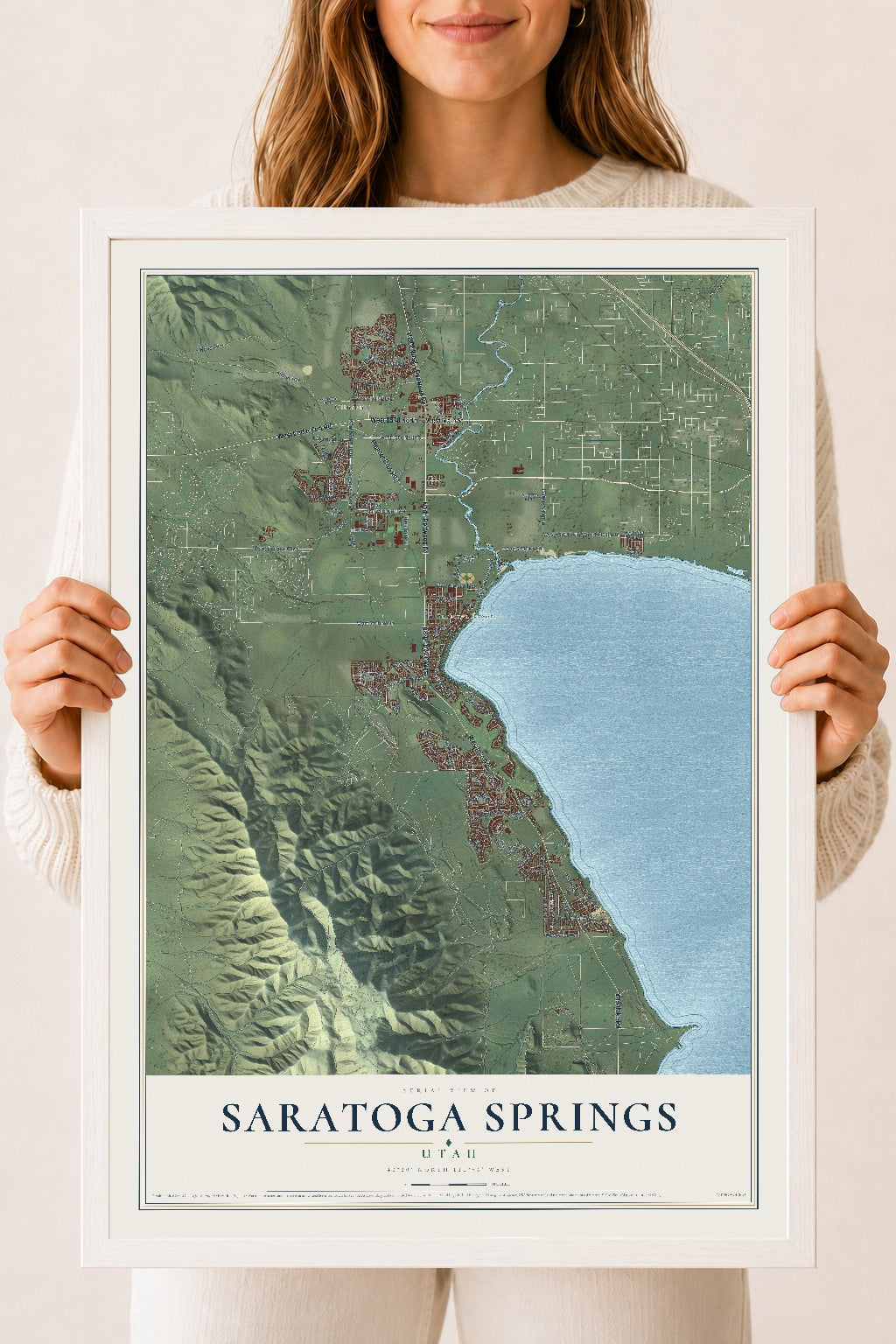 Map of Saratoga Springs, Utah, 18 x 24 inch print in a white wood frame