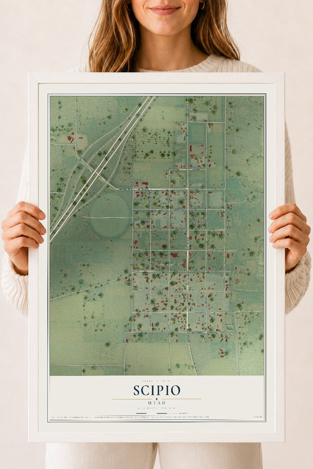 Map of Scipio, Utah, 18 x 24 inch print in a white wood frame