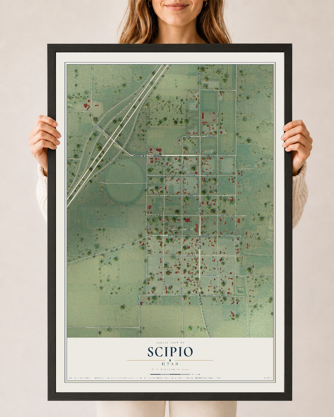 Map of Scipio, Utah, 24 x 36 inch print in a black wood frame