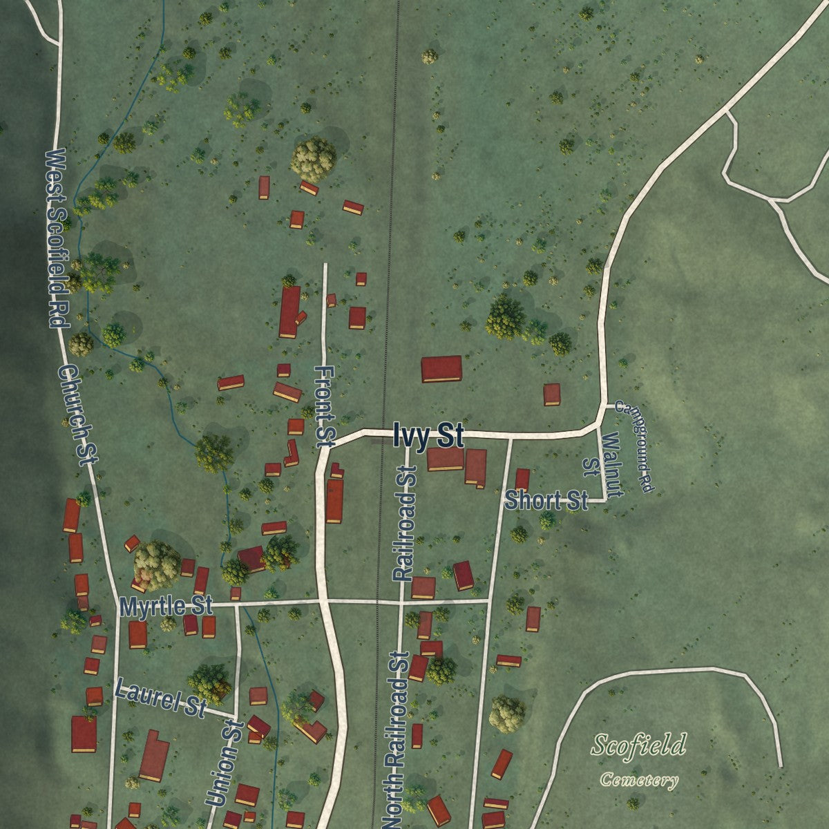 Close-up of the map of Scofield, Utah print showing street and building detail