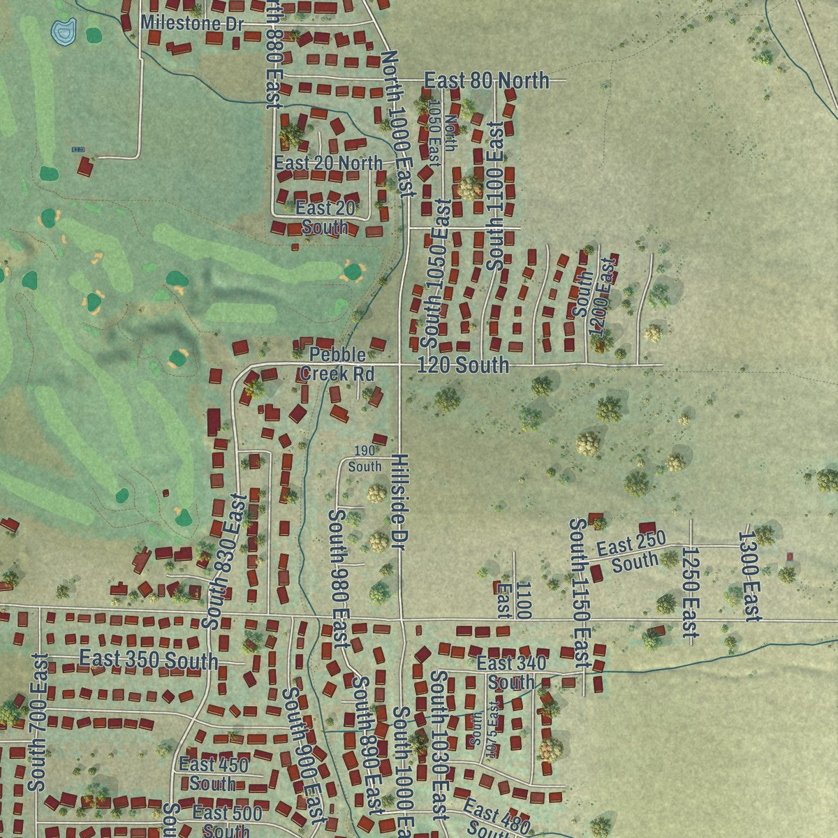 Second close-up of the map of Smithfield, Utah print showing more streets and buildings