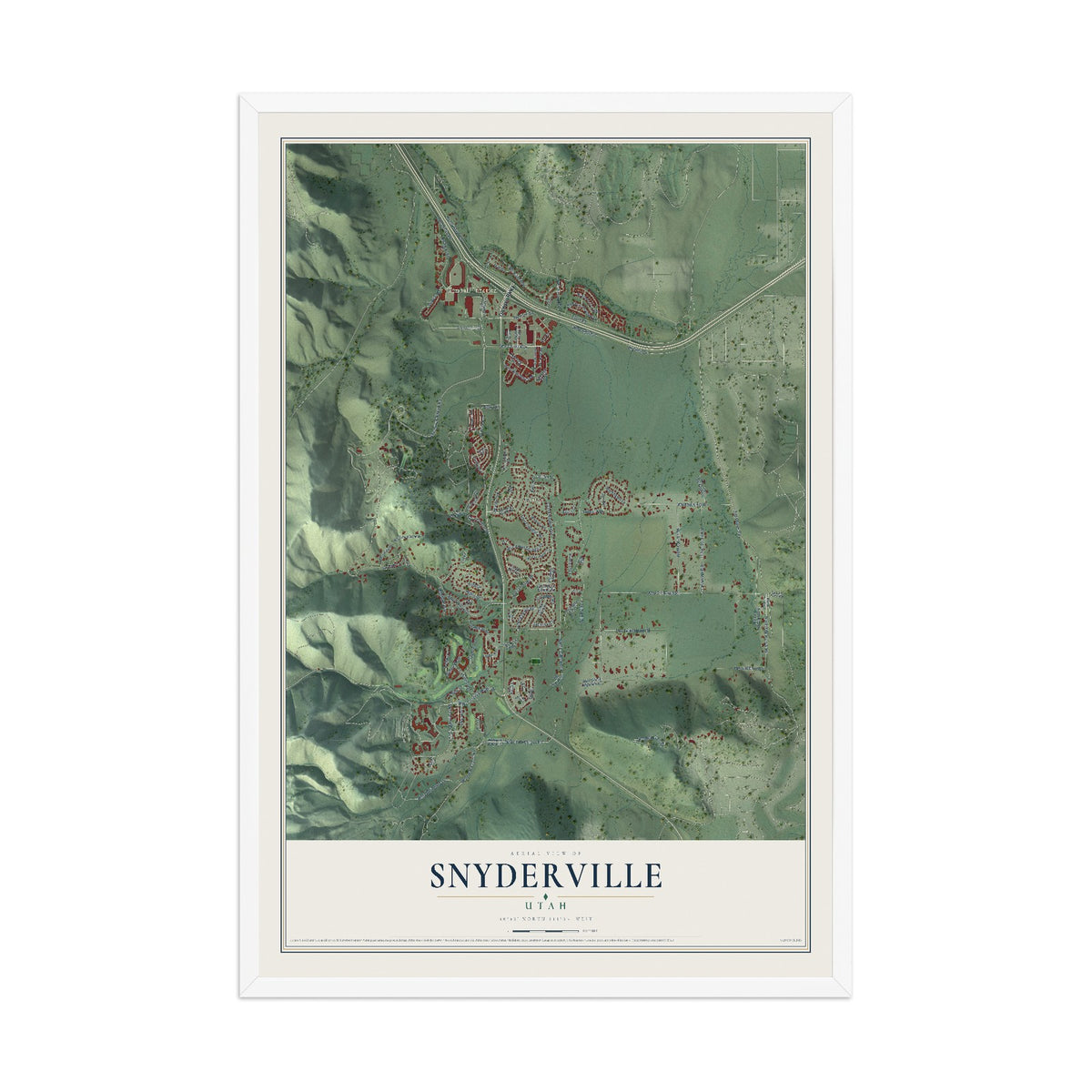 Map of Snyderville, Utah, 12 x 18 inch print in a white wood frame