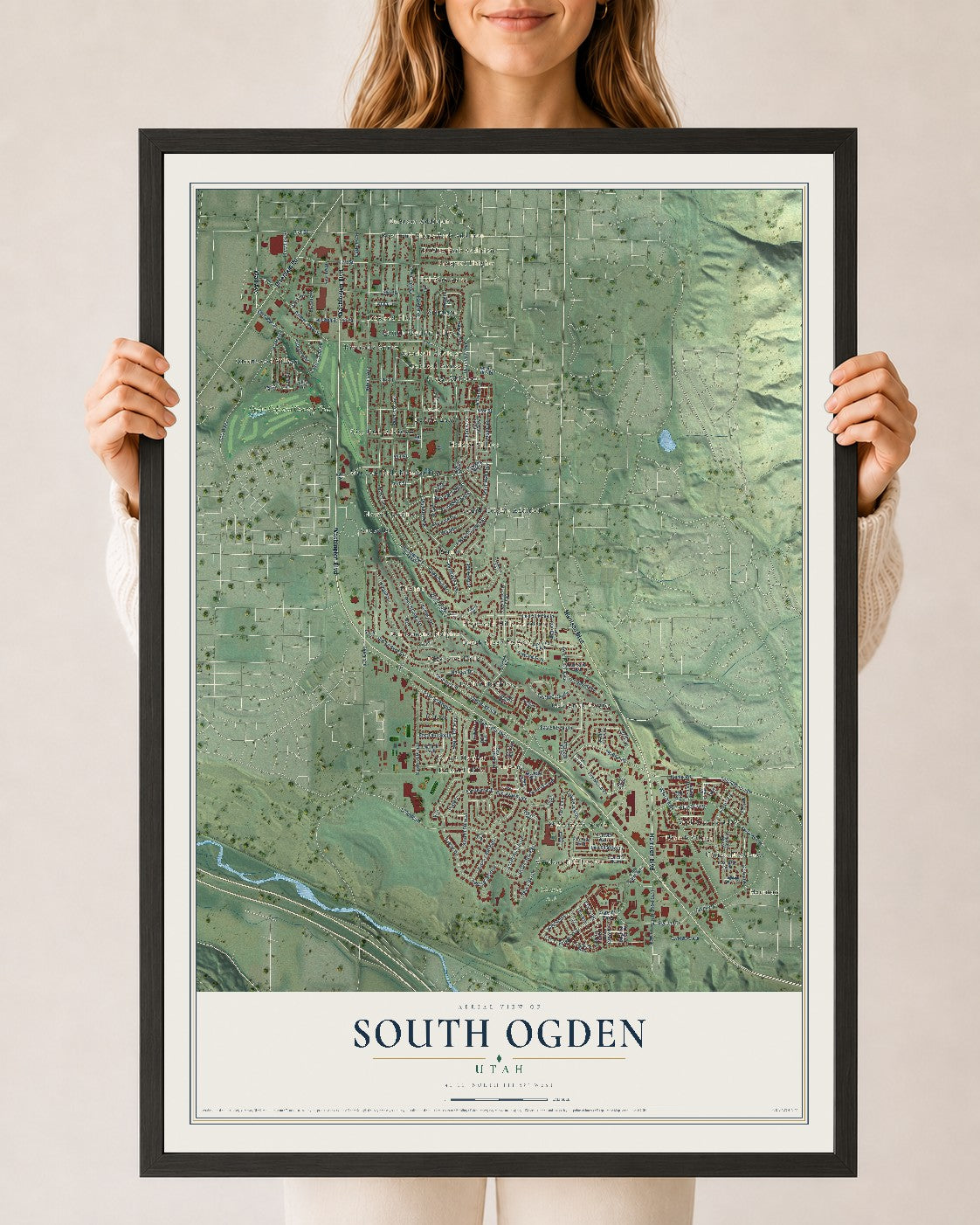 Map of South Ogden, Utah, 24 x 36 inch print in a black wood frame
